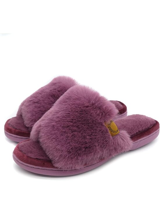 Shoes - Women's Red Plum Indoor Memory Foam Soft Faux Fur Nonslip Open Toe Slipper Shoes